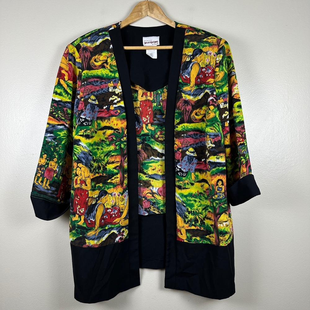 Perceptions Women's 20 Jacket Multicolor Tropical Island Scene Open Front Black
